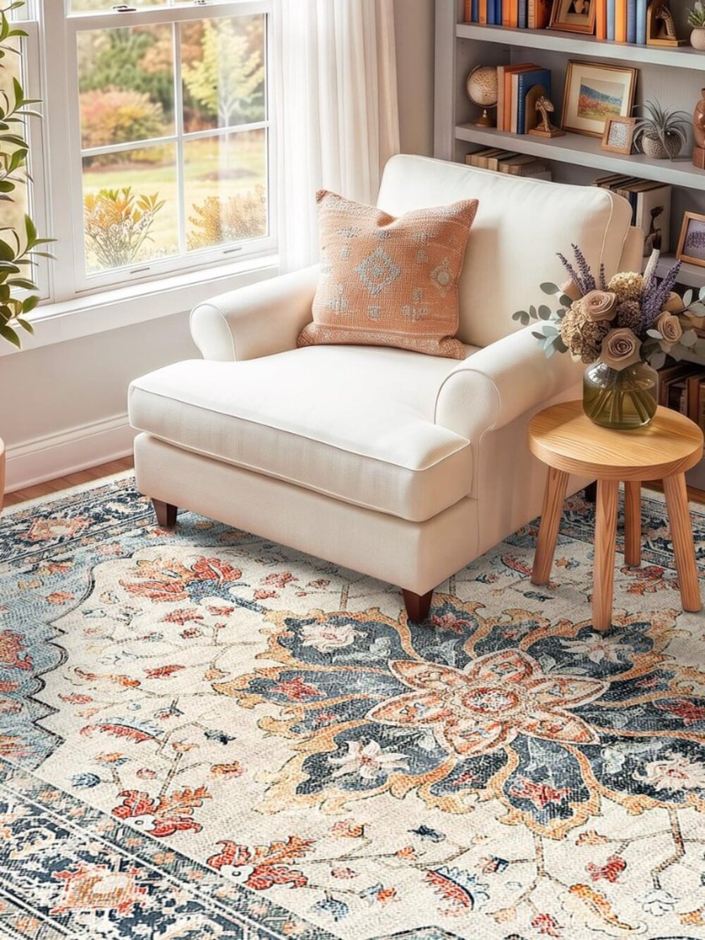 Washable Area Rug, 8'x10', Beige/Blue/Orange - Picture 4 of 8